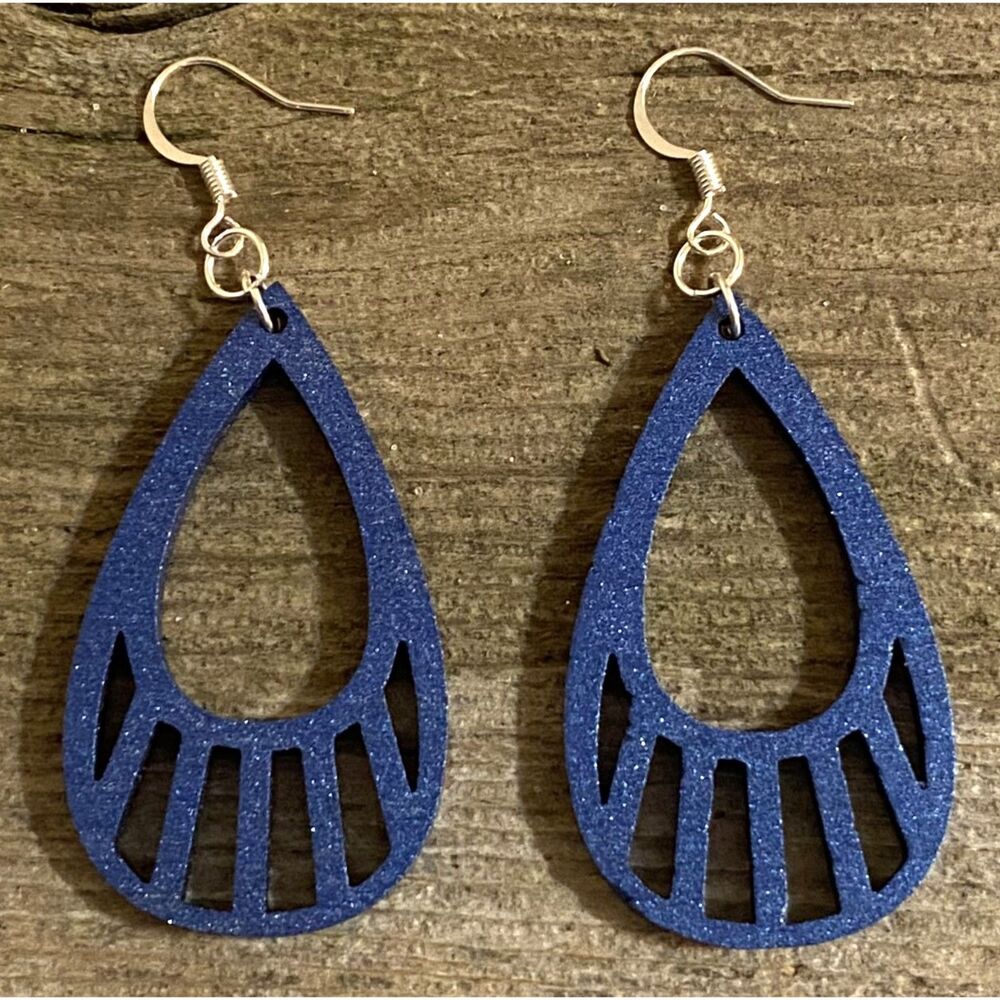 Teardrop Wood Earrings, Metallic Blue - E009-03